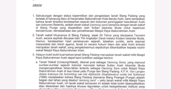 Gubernur Aceh Ajukan Pengembalian Tanah Wakaf Blang Padang kepada Presiden